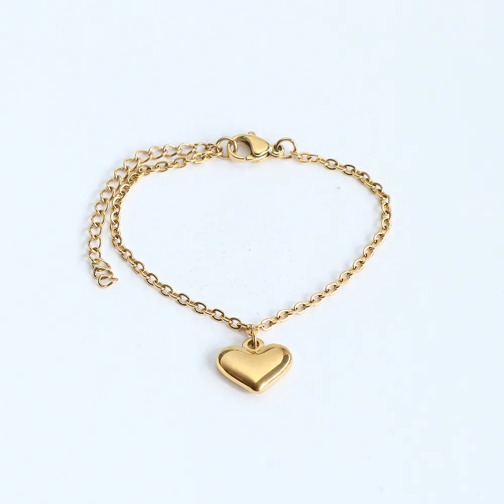 wholesale chain bracelet 18K gold plated dainty stainless steel heart charm bracelet for girls