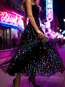 Jupe longue noire en tulle à sequins pour femme, taille naturelle, coupe évasée trapèze, grande taille, décontractée d'été avec points réfléchissants arc-en-ciel - Product Image 2