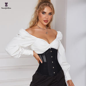 플러스 사이즈 힙업 12인치 롱 토르소 웨이스트 트레이닝 코르셋 레이싱 리본 밴디지 뷔스티에 메쉬 블랙 코르셋 탑 5개 브로치 포함 - Product Image 4