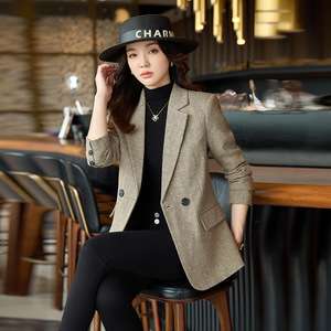 Women's Blazer Khaki Herringbone Wool <b>Blend</b> Slim Fit Anti-Wrinkle Office Wear - Product Image 3