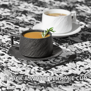 HY7 Cheap Price Wholesale Classic Black &amp; White <strong>Frosted</strong> Rock-textured Bone China Cappuccino <strong>Cup</strong> &amp; Saucer Set for Home 250ML - Product Image 2