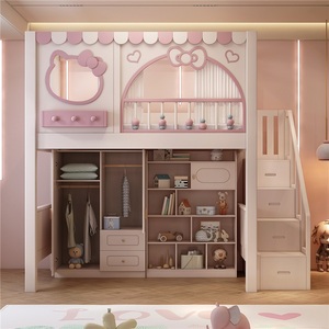 Letto a soppalco moderno JS rosa per bambini, struttura in legno massello resistente con doppio cassetto contenitore, comodo letto <span class=keywords><strong>da</strong></span> principessa per la cameretta delle ragazze - Product Image 3