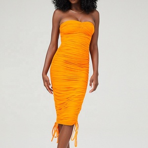 Weixin-ropa profesional personalizada para mujer, vestido Midi de señora de club nocturno, sin tirantes, color naranja, fruncido, para verano - Product Image 1