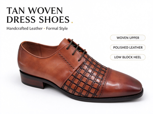 <b>Tan</b> Cap Toe Woven Leather Oxford <b>Shoes</b> for Men Lace Up Handcrafted Formal Business Wedding Dress Footwear Low Block Heel - Product Image 1