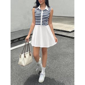 Robe mini sans manches rayée pour femme avec poches, coupe ample, tenue décontractée d'été, col polo, tissu tissé respirant - Product Image 4