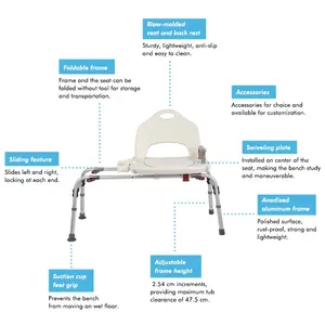 Banc de transfert en aluminium pour soins aux personnes âgées, cadre pliable, chaise de transfert coulissante, banc de transfert pivotant réglable pour homme âgé