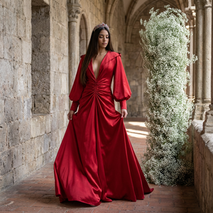 Nt12 Red Hooded Evening <b>Dress</b> Long <b>Sleeve</b> Deep V Neck Mermaid Silk Gown Elegant Formal Wear Jancember - Product Image 1