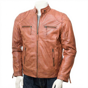 Chaqueta de Cuero Genuino Marrón para Hombre, Corte Ajustado, Cuello Alto, Estilo Café Racer, Chaqueta de Motociclista - Product Image 1