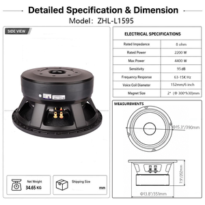 Subwoofer Passivo Professionale da 15 Pollici 2200W RMS, Altoparlante PA con Bobina Vocale da 152mm, Doppio Magnete in Ferrite da 300mm, Cassa Metallica per Palcoscenico - Product Image 3