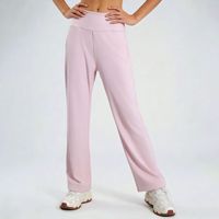 Pantalon de yoga taille haute couleur pêche uni avec poches arrière, coupe droite ample, design amincissant et rehausseur de silhouette