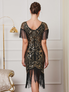 Pan femmes vintage manches courtes gland Sequin perlé fête danse robe femme noir or performance <span class=keywords><strong>Cocktail</strong></span> boule scène robe - Product Image 4
