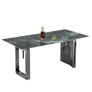 Marble Dining Table High-End Luxury Colored Crystal Sintered Marble Slate Stone Rectangular Dining Table With Sturdy Square Base