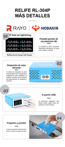Cargador Lightning con Pantalla Digital de 6 Puertos RELIFE RL-304P, Carga Rápida de 3A, Protocolo PD QC, Conexión Inteligente <span class=keywords><strong>para</strong></span> Múltiples Dispositivos - Product Image 4