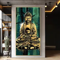 सोने ध्यान बुद्ध प्रतिमा तेल चित्रकला कैनवास पोस्टर हरे रंग की पृष्ठभूमि पर बौद्ध दीवार कला प्रिंट तस्वीर कमरे में रहने वाले सजावट