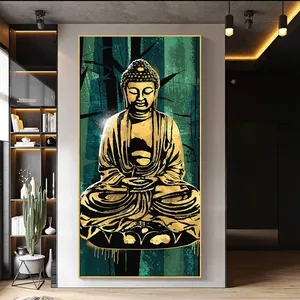 Estatua de Buda de meditación dorada, pintura al óleo sobre lienzo, carteles, fondo verde, arte budista para pared, imagen impresa, decoración para sala de estar