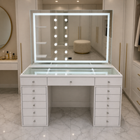 Ensemble de coiffeuse avec miroir LED à capteur tactile, boutons en cristal, plateau en verre multicolore, rangement intégré, prix usine personnalisé