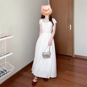 Vestido de Noche Estilo Francés, Color Blanco Puro, Silueta Larga en Línea A, Cuello Cuadrado, Cintura Imperio, Transpirable, para Verano - Product Image 4