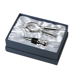 Elegante set di tappi per bottiglie e apribottiglie per champagne, finitura argento, confezionato in scatola regalo - Product Image 1