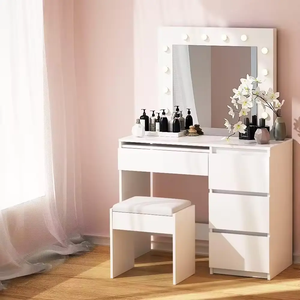 White <strong>Black</strong> Wood Dressing <strong>Table</strong> LED <strong>Makeup</strong> Mirror Stool Set Vanity <strong>Table</strong> with 4 Drawers - Product Image 3