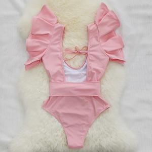 Traje de Baño de Una Pieza con Diseño Personalizado, Escote en V, Color Sólido, Espalda Descubierta, Volantes, Sexy y Lindo para Mujer - Product Image 3