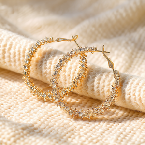 Orecchini a cerchio di lusso placcati oro con cristalli per donna, gioielli da festa, montatura a castone, orecchini in lega di zinco, oro bianco E403 - Product Image 2