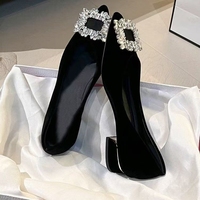 Chaussures de mariée élégantes pour femmes, style français, en daim, à bout pointu, à talon carré, avec strass, à enfiler, couleur unie