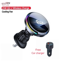 Support de téléphone de voiture OEM ODM personnalisé 25W à charge rapide sans fil, lumière nocturne, magnétique flexible, rotation à 360°, ventilateur de refroidissement