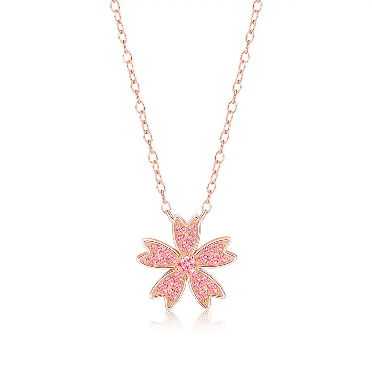 Wholesales Fashion 925 Sterling Silver Necklace Romantic Pink Sakura Cherry Blossom Flower Pendant High Quality Jewelry Sets