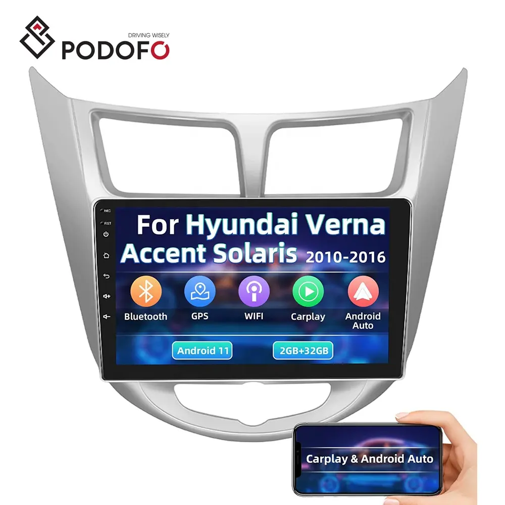 Podofo วิทยุสเตอริโอในรถยนต์9 "แอนดรอยด์13" สำหรับ Hyundai Accent Solaris I Verna 2010-2016 CarPlay Android Auto GPS HIFI FM RDS