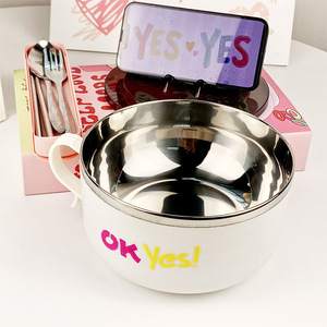 Tazón para fideos Ok Yes con tapa y juego de cubiertos para estudiantes y uso en dormitorios, tazón redondo de acero inoxidable de grado alimenticio - Product Image 3