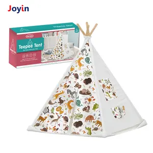 Jouet de tente à cadre en bois de pin pliable sur le thème des animaux avec guirlande lumineuse pour les jeux d'intérieur et d'extérieur Maison de jeu pour enfants Cadeaux idéaux