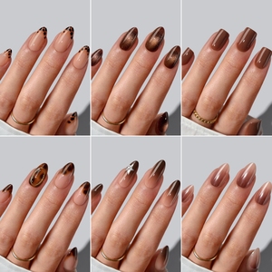 Faux ongles de luxe courts en amande, de haute qualité, en gel souple, motif léopard marron, French manucure, à presser, fournitures en gros - Product Image 3