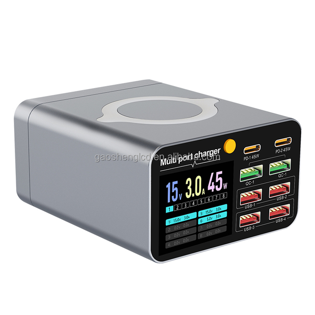 8 Ports 80W LED Display Screen Phone Charger Adapter With 4 USB-A 45W Fast Wireless Charger 2PD Charging Station for Tablet