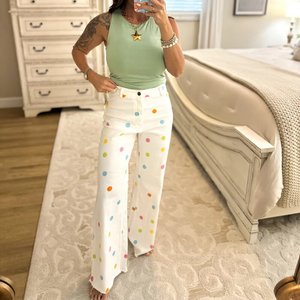 Fabricant de jeans pour femmes personnalisés, à pois pastel, confortables, extensibles, à jambe large, <span class=keywords><strong>taille</strong></span> <span class=keywords><strong>haute</strong></span>, à ourlet brut et évasés en denim - Product Image 2