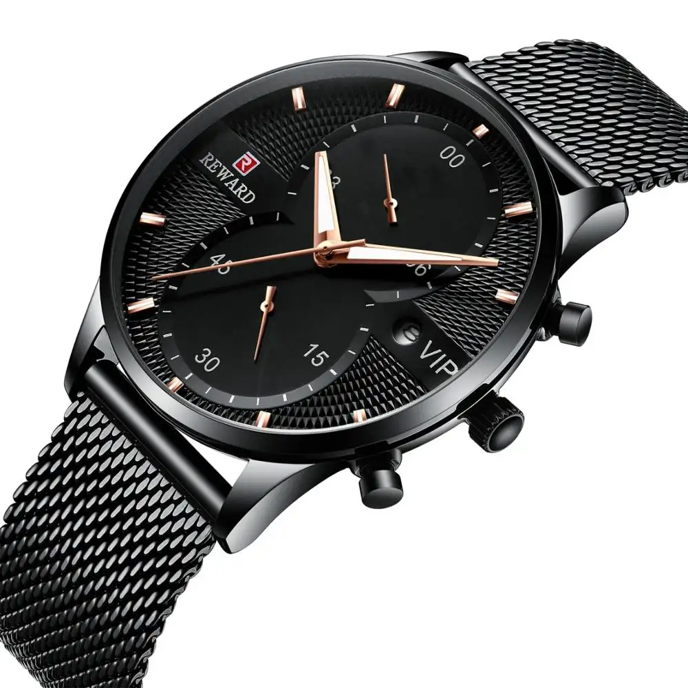 REWARD RD82001M人気のブラックメンズクォーツ時計天才メッシュバンド耐水性クロノオートデイトハイキング腕時計