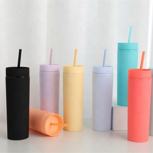 Vasos acrílicos delgados de doble pared, vasos con tapa de paja, sin Bpa, transparente, Pastel, plástico amarillo, 16 Oz - Product Image 1