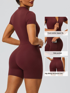 Mono de yoga de manga corta con cremallera para <span class=keywords><strong>mujer</strong></span>, estilo europeo-americano, con bolsillos funcionales, levantacaderas, ajustado, personalizable, deportivo, de una pieza. - Product Image 2