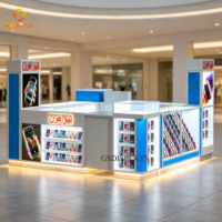 Kiosque de Téléphonie Mobile pour Centre Commercial, Kiosque d'Exposition Multiface Blanc et Bleu avec Boîte à Lumière LED pour la Vente de Compléments Téléphoniques