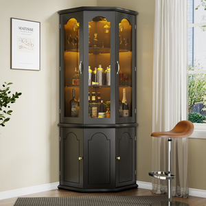<b>Corner</b> Bar Cabinet with LED Lights, Tall Modern Wine Tempered Glass Door & Adjustable Shelves, - Product Image 2