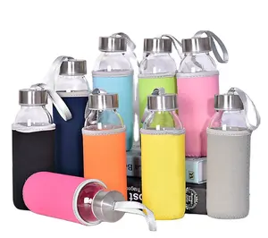 500ml Promotional Custom Logo Print Glass Sports Water Bottle With Stainless Steel Lid and Insulated Cloth Cover