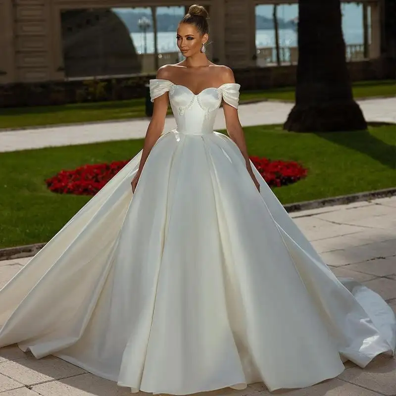 2023 luxo principal vestido de casamento fora do ombro princesa temperamento plus size cetim arrastando vestido de casamento nupcial para a noiva