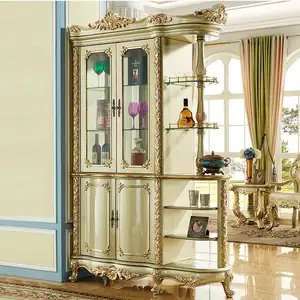 الكلاسيكية خزانة عرض زجاجية مع أضواء ، الصلبة خشبية منحني المعيشة خزانة للغرفة الذهب اللون النبيذ تخزين بار مجلس الوزراء الفاخرة