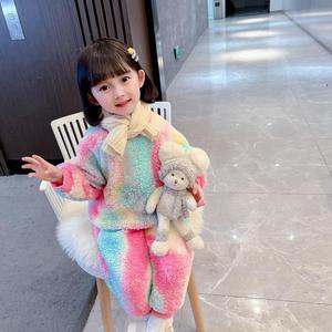 Ensemble de jogging 2 pièces teint par cravate pour petites filles, sweat-shirt à capuche court et sweat-shirt décontracté, <span class=keywords><strong>tenue</strong></span> <span class=keywords><strong>en</strong></span> peluche de <span class=keywords><strong>laine</strong></span> d'agneau pour bébés - Product Image 2