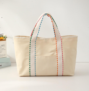 Bolsa de compras de gran capacidad a la moda, bolsa de playa de lona beige, bolso de mano con volantes, bolso tote grande con logo impreso personalizado - Product Image 6