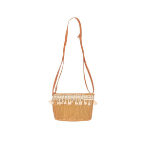 Sac en paille 28x18x9cm avec garniture en dentelle et franges, sac bandoulière - Product Image 1