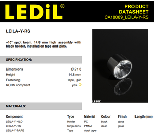 เลนส์ LED รุ่น CA18089_LEILA-Y-RS ของ Ledils มุมกระจายแสง 10 องศา ขนาด 21.6 มม. วัสดุ PMMA พร้อมเทปยึดและขาเสียบ - Product Image 4