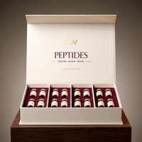 Boîte rigide personnalisée avec couvercle et base blancs pour flacons de peptides, 16 flacons, avec impression offset, dorure à chaud et doublure satinée