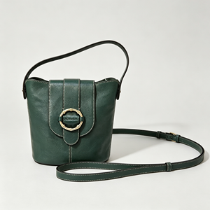 Sac seau vert foncé avec boucle en bambou, bandoulière amovible, sac à main décontracté pour tous les jours - Product Image 2