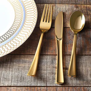 Placas de carregador de plástico descartáveis, design de flor extravagante, dourado, gravata, aparelhos de jantar para festa