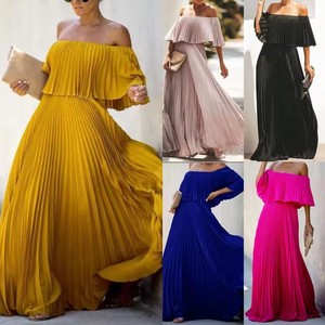 Robe femme Sexy épaule dénudée épaule pliée robe de soirée en mousseline de soie couleur jaune S-3XL - Product Image 2